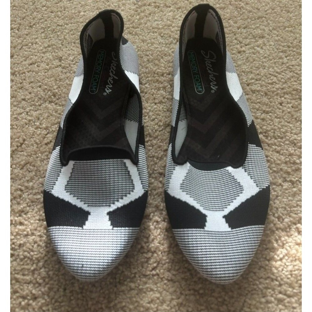 Skechers Cleo Bewitched Black White Knit Ballet Flats 8 geometric womens shoes